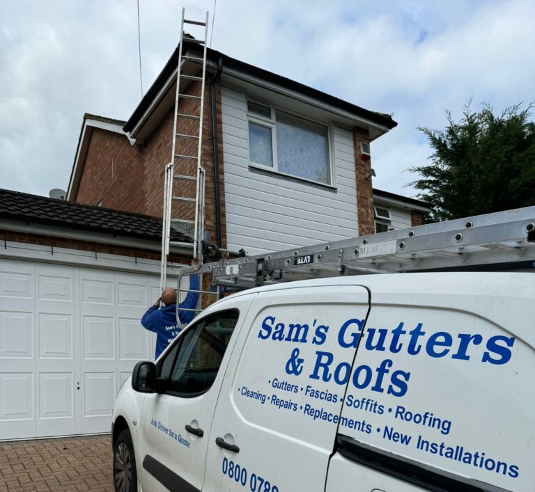 Ladder is set up by the roofer